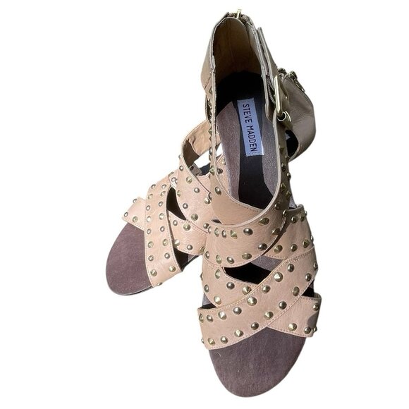 Steve Madden Haley Y2K Studded Gladiator Wrap Nude Tan Wedge Sandals Size 10 M - Picture 5 of 10